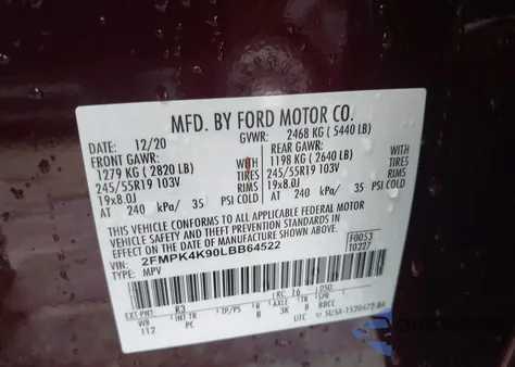 2020 Ford Edge Titanium from USA, damaged, VIN 2FMPK4K90LBB64522